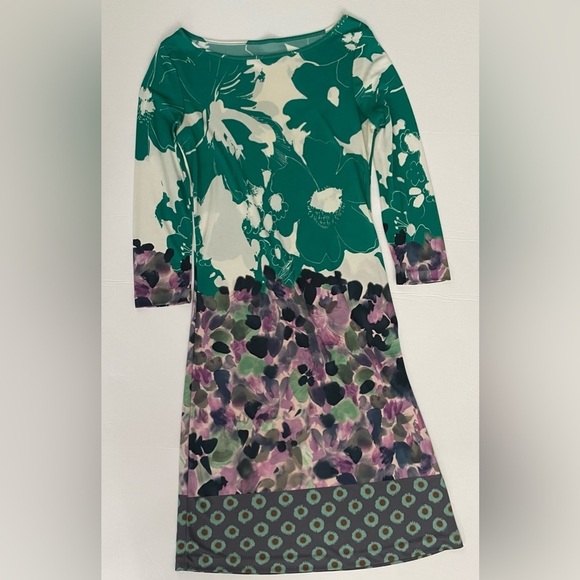 ETRO Green Purple Floral Abstract Printed 3/4 Sleeve Knee Length Dress - Picture 3 of 13